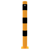 Barrier post | steel tube  89 x 2,9 mm | yellow / black | stationary, to be fixed by plugswith base plate 100 x 150 mm | without eyelet
